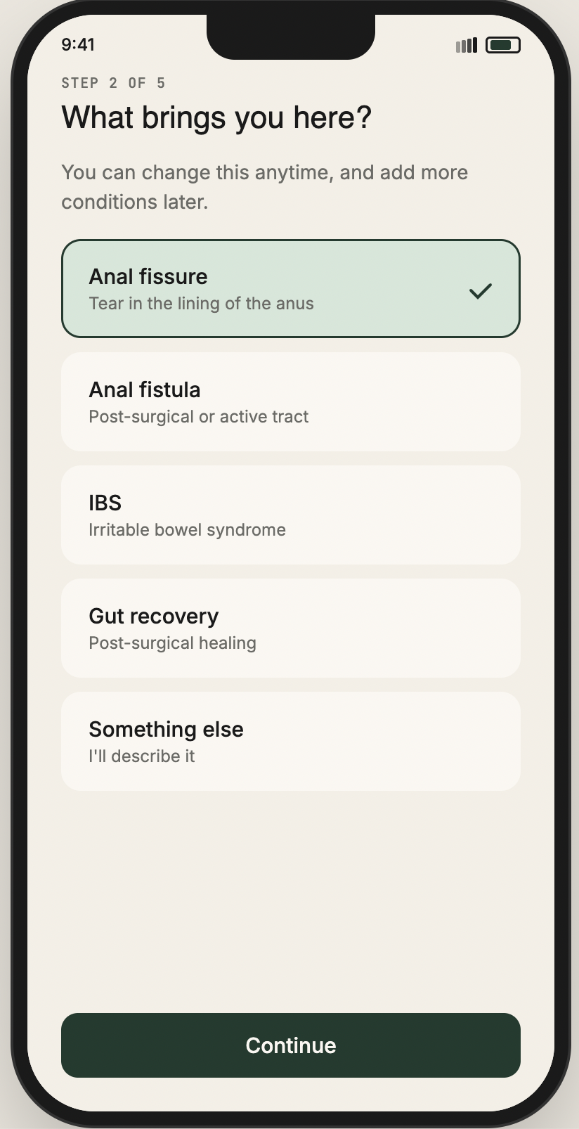 Lirava app — condition selection screen showing Anal fissure, Anal fistula, IBS, and Gut recovery options